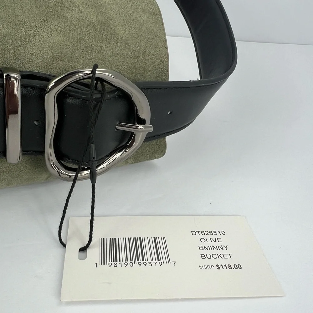 STEVE MADDEN FAUX SUEDE, BIMMY BUCKEY SHOULDER BAG, OLIVE COLOR BLACK STRAP